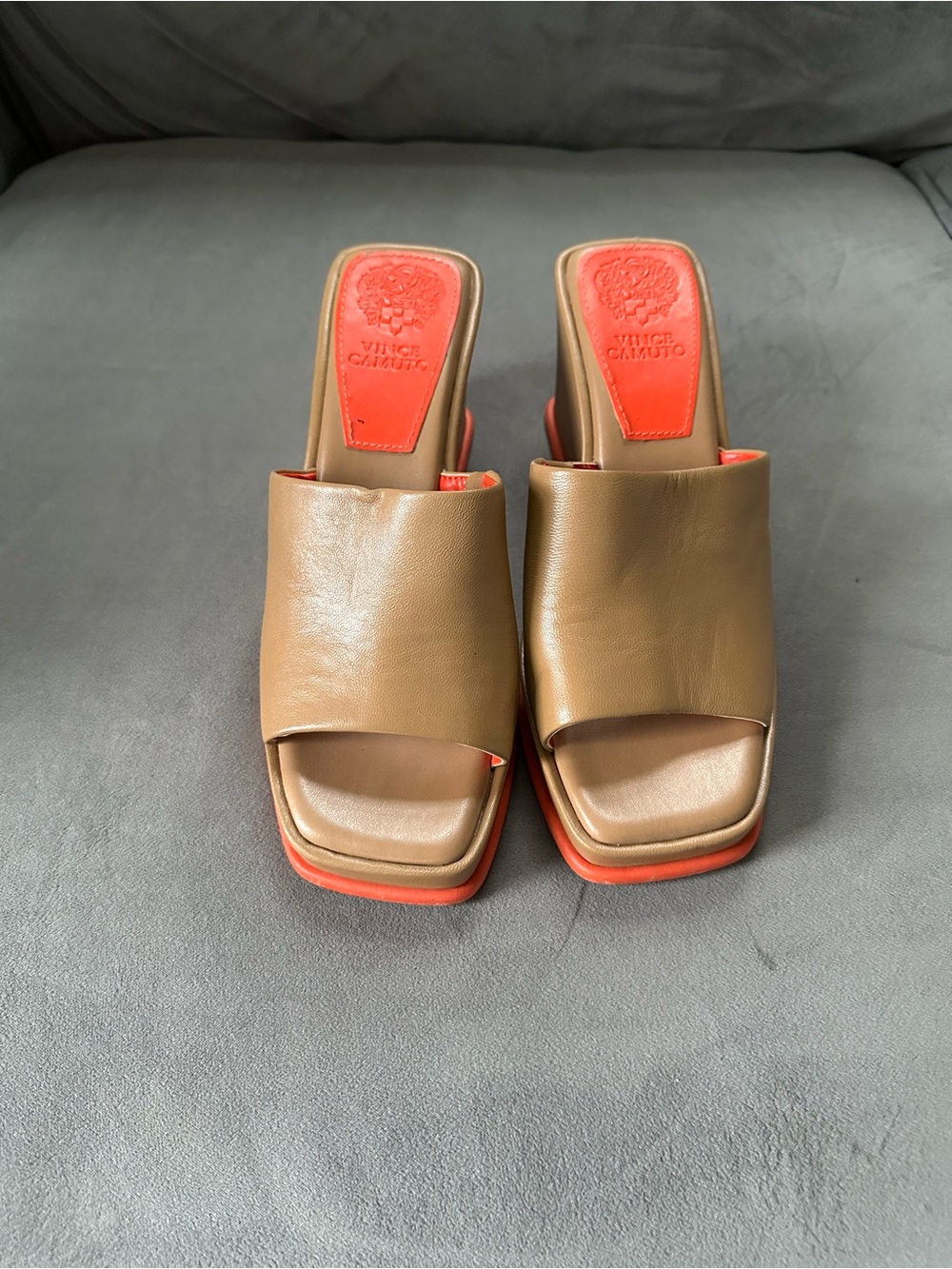 Vince Camuto Tan Leather Slide Mules with Coral Accents